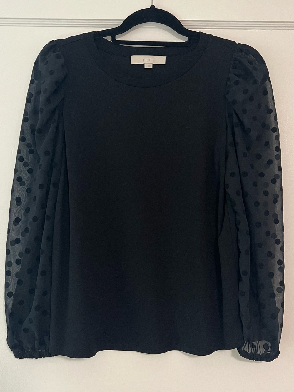 LOFT Black Top with Sheer Polka Dot Puff Sleeves
